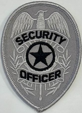 SECURITY OFFICER SHIELD PATCH WITH STAR - BLACK ON SILVER.